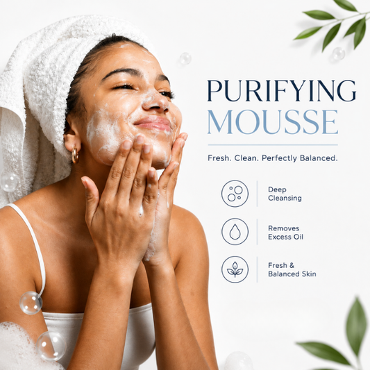 Woman cleansing her face with Emilia Lux Purifying Mousse during her daily skincare routine for fresh, balanced, and purified skin.