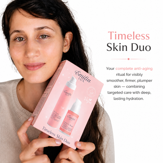 Emilia Lux Timeless Skin Duo with Elasticity Repair Serum and Silk Touch Anti-Age Cream, designed for smoother, firmer, plumper and deeply hydrated-looking skin.