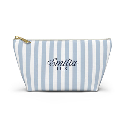 Striped Monogram Accessory Pouch — Blue Emilia Lux Cosmetic Bag