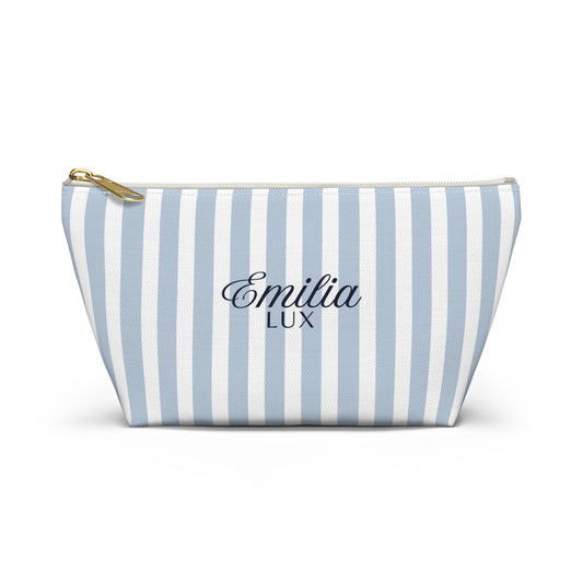 Striped Monogram Accessory Pouch — Blue Emilia Lux Cosmetic Bag