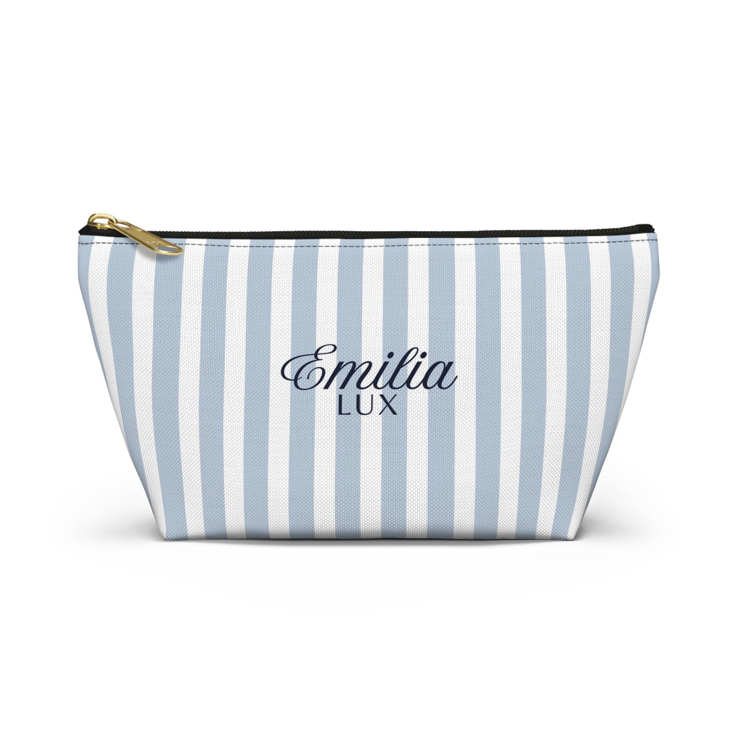 Striped Monogram Accessory Pouch — Blue Emilia Lux Cosmetic Bag