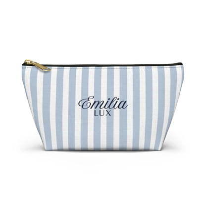 Striped Monogram Accessory Pouch — Blue Emilia Lux Cosmetic Bag