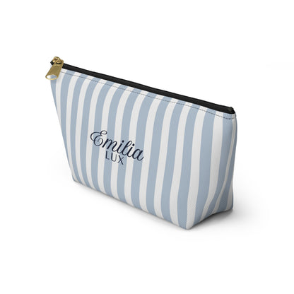 Striped Monogram Accessory Pouch — Blue Emilia Lux Cosmetic Bag