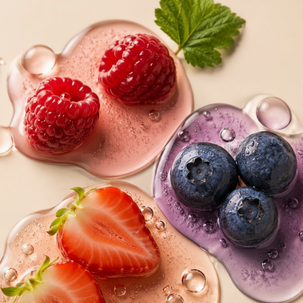 Antioxidant-rich raspberry, blueberry, and strawberry oils used in skincare for glow and nourishment