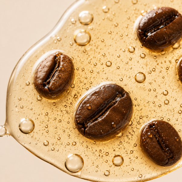 Caffeine skincare ingredient with coffee beans and hydrating serum texture for puffy eyes and tired-looking skin