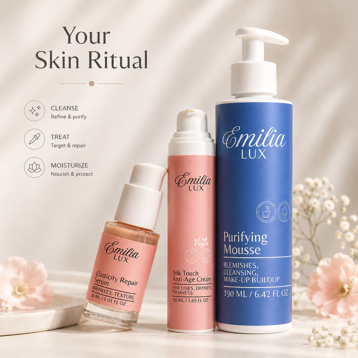 Emilia Lux skincare ritual with Purifying Mousse, Elasticity Repair Serum and Silk Touch Anti-Age Cream for cleansing, treating and moisturizing.