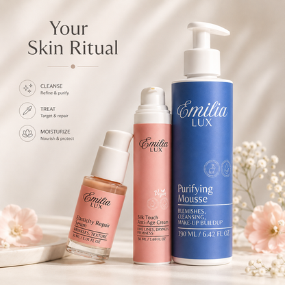 Emilia Lux skincare ritual with Purifying Mousse, Elasticity Repair Serum and Silk Touch Anti-Age Cream for cleansing, treating and moisturizing.