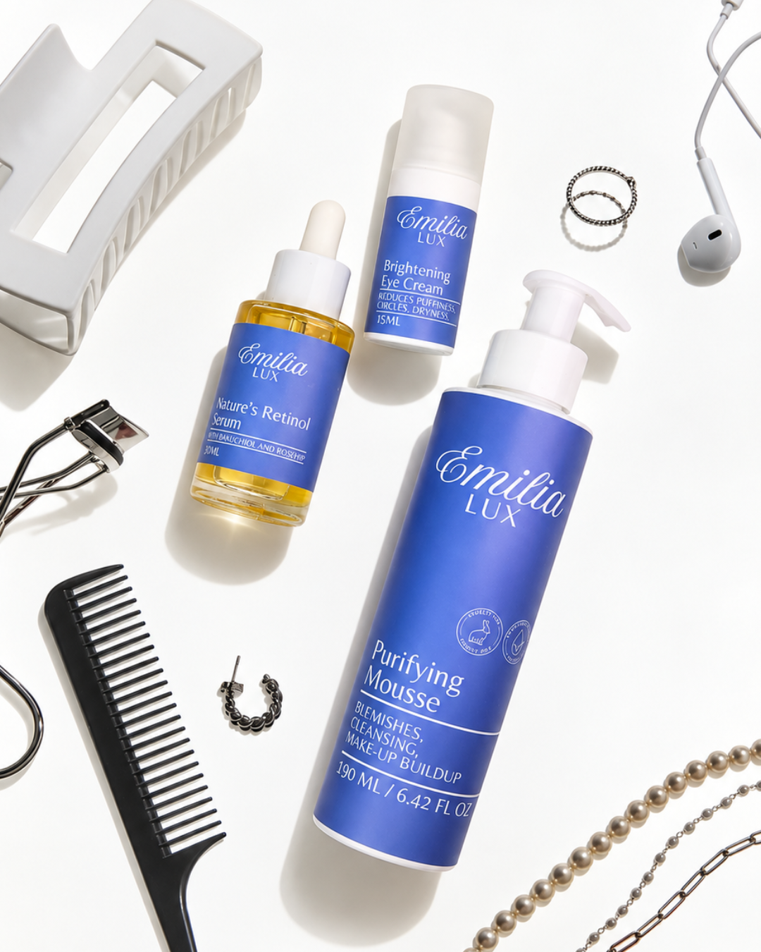 Emilia Lux daily skincare routine with retinol serum, eye cream and purifying cleanser