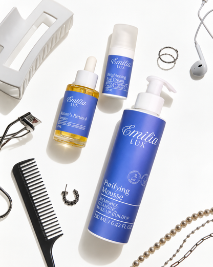 Emilia Lux daily skincare routine with retinol serum, eye cream and purifying cleanser