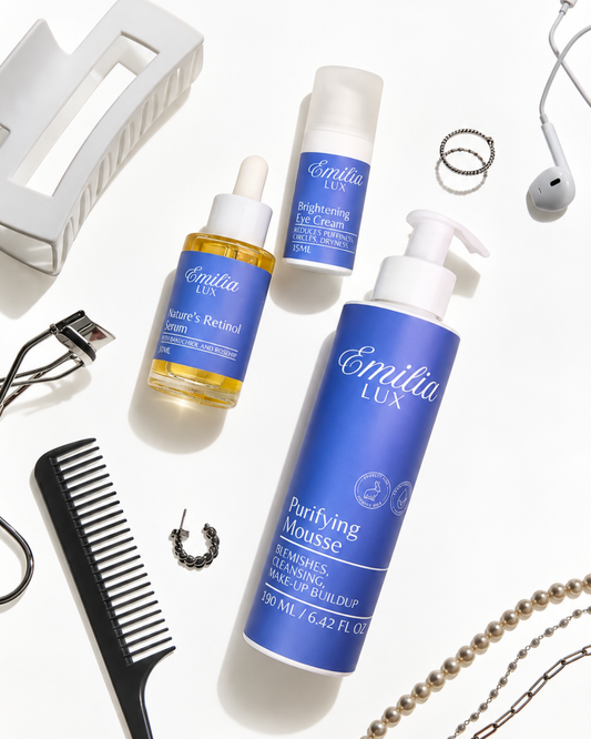 Emilia Lux daily skincare routine with retinol serum, eye cream and purifying cleanser