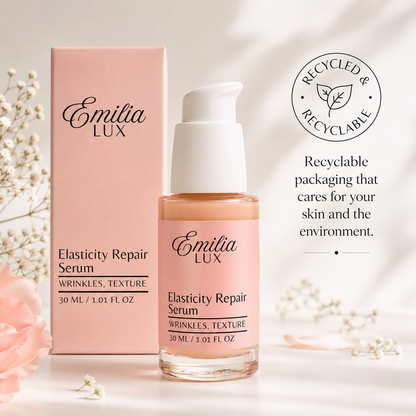 Emilia Lux Elasticity Repair Serum with recyclable packaging, designed to improve elasticity and smooth the appearance of fine lines.