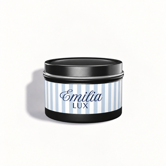 Emilia Lux luxury scented candle in a reusable tin with lid
