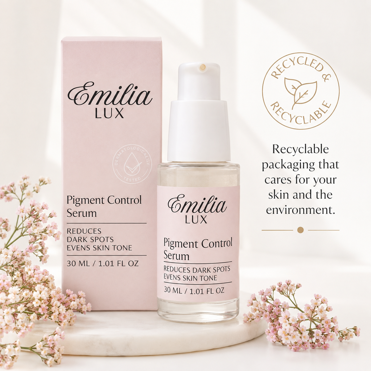 Emilia Lux Pigment Control Serum with recyclable packaging, designed to reduce dark spots and promote a more even-looking complexion.