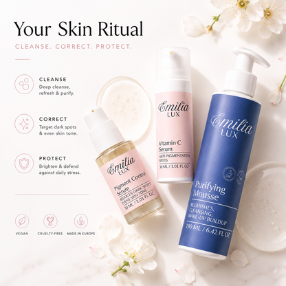Emilia Lux skincare routine with Purifying Mousse, Pigment Control Serum and Vitamin C Serum for cleansing, correcting dark spots and protecting the skin.