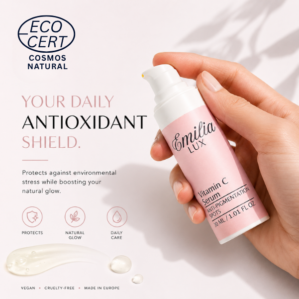 emilia-lux-vitamin-c-serum-daily-antioxidant-shield
Emilia Lux Vitamin C Serum – daily antioxidant skincare that helps protect against environmental stress while supporting brighter, naturally radiant-looking skin.