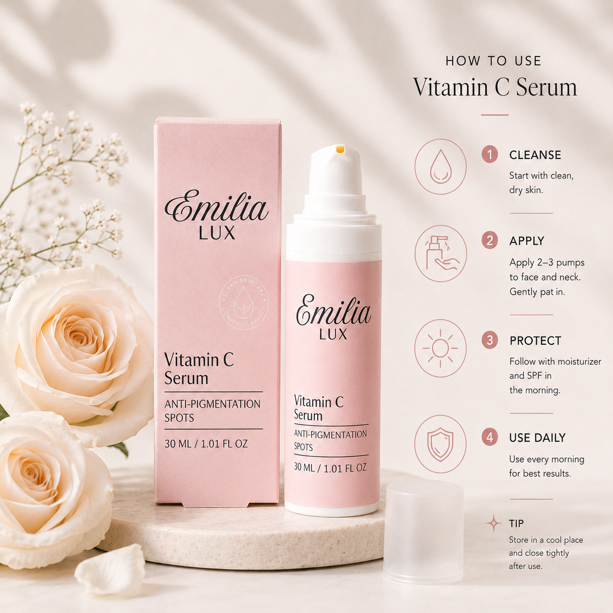 Emilia Lux Vitamin C Serum with a simple step-by-step morning skincare routine for brighter, more radiant-looking skin.