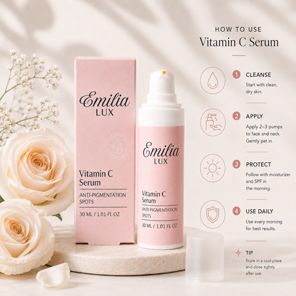 Emilia Lux Vitamin C Serum with a simple step-by-step morning skincare routine for brighter, more radiant-looking skin.