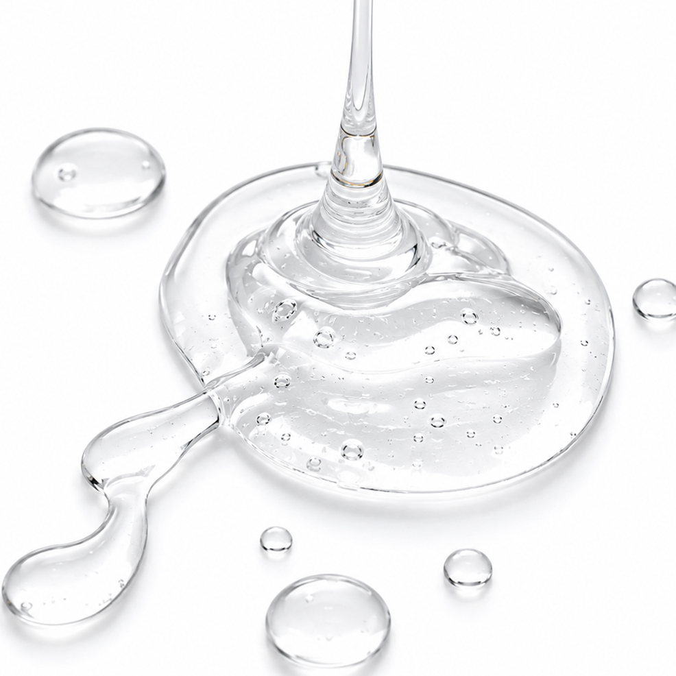 Clear glycerin gel texture representing a moisture-binding skincare ingredient that helps keep skin soft, smooth and hydrated.