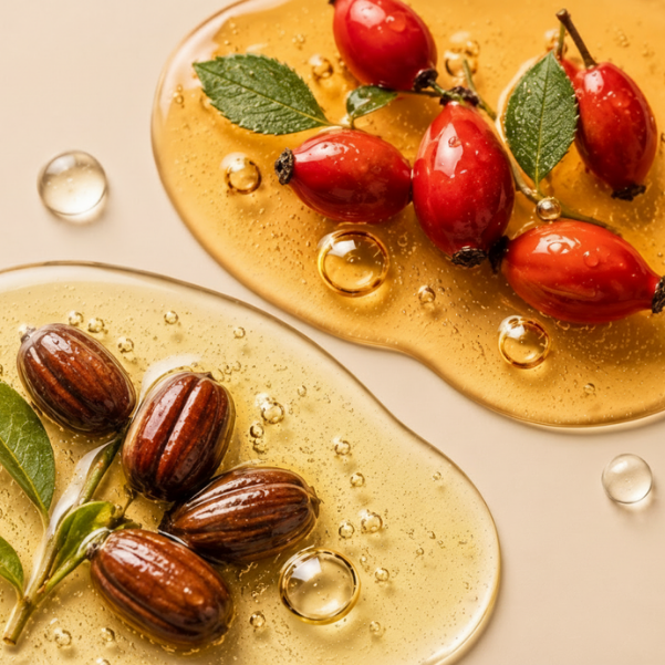 Rosehip oil and jojoba oil skincare ingredients for hydration, nourishment, and skin elasticity